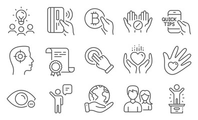 Set of People icons, such as Education, Winner podium. Diploma, ideas, save planet. Touchscreen gesture, Medical tablet, Hold heart. Social responsibility, Myopia, Contactless payment. Vector