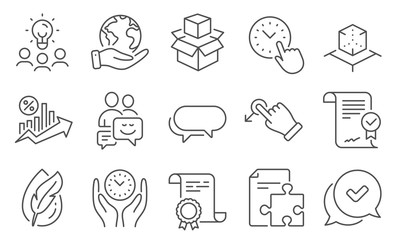 Set of Technology icons, such as Loan percent, Time management. Diploma, ideas, save planet. Hypoallergenic tested, Approved, Drag drop. Strategy, Augmented reality, Packing boxes. Vector