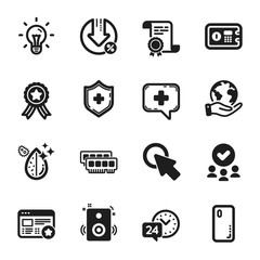 Set of Technology icons, such as Medical shield, Click here. Certificate, approved group, save planet. Idea, 24h service, Loan percent. Smartphone cover, Dirty water, Ram. Vector