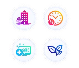 Skyscraper buildings, Loan percent and Medical analytics icons simple set. Button with halftone dots. Leaves sign. Town architecture, Discount, Medicine system. Grow plant. Business set. Vector