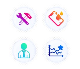 Smartphone waterproof, Spanner tool and Human icons simple set. Button with halftone dots. Ranking stars sign. Phone, Repair, Person profile. Winner results. Business set. Vector
