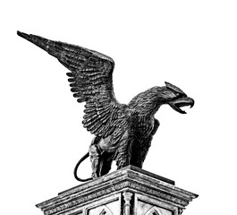 black and white statue of Griffin with textured wings on isolated white background. body of lion and eagle head, film grain effect