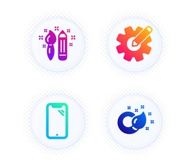 Smartphone, Cogwheel and Creativity icons simple set. Button with halftone dots. Paint brush sign. Phone, Edit settings, Graphic art. Creativity. Business set. Gradient flat smartphone icon. Vector