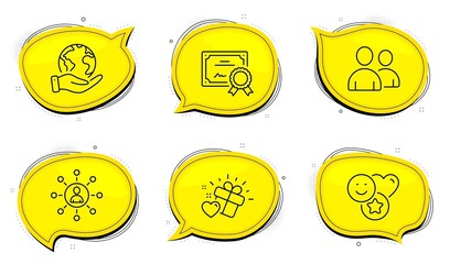 Smile sign. Diploma certificate, save planet chat bubbles. Users, Networking and Love gift line icons set. Couple of people, Business communication, Heart. Social media likes. People set. Vector