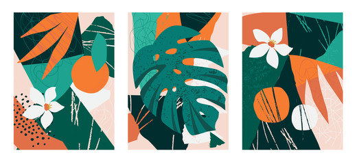 Fototapeta na wymiar Set of collages contemporary floral. Modern exotic jungle fruits and plants illustration in vector.