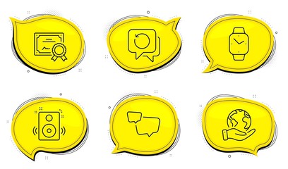 Speech bubble sign. Diploma certificate, save planet chat bubbles. Recovery data, Smartwatch and Speakers line icons set. Backup info, Digital time, Sound. Chat message. Education set. Vector