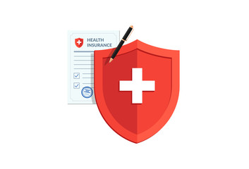 Medical healthcare insurance concept. Red shield on patient protection policy and pen. Vector medicine flat symbol illustration