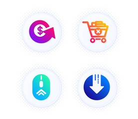 Swipe up, Remove purchase and Dollar exchange icons simple set. Button with halftone dots. Download arrow sign. Scrolling page, Delete from cart, Money refund. Crisis. Business set. Vector
