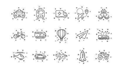 Taxi, Helicopter and Train. Transport line icons. Airplane linear icon set. Geometric elements. Quality signs set. Vector