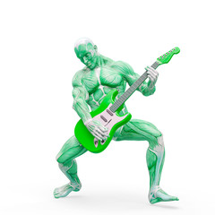 muscleman anatomy heroic body is playing guitar and doing a solo in white background
