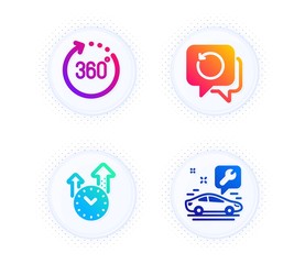 Time management, 360 degrees and Recovery data icons simple set. Button with halftone dots. Car service sign. Office clock, Panoramic view, Backup info. Repair service. Technology set. Vector