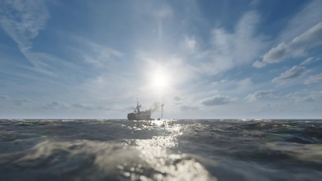 Sinking ship and sailors swimming towards shore, 4K