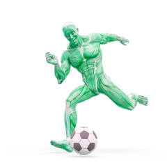 Fototapeta na wymiar muscleman anatomy heroic body kicking the football ball in white background