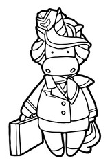 Jpeg illustration. Hand drawing cartoon unicorn stewardess. Isolated on white. Coloring page. Cute character. Original print.
