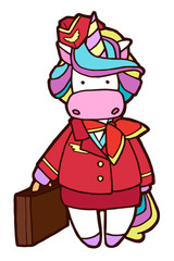 Fototapeta premium Jpeg illustration. Hand drawing cartoon unicorn stewardess in red uniform. Isolated on white. Coloring page. Cute character. Original print.