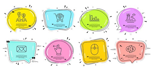 Touchscreen gesture, Add products and Ab testing signs. Speech bubbles with quotes. Lighthouse, Computer mouse and Valentine line icons set. Money exchange, Histogram symbols. Vector