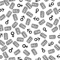 Vector seamless pattern with various in doodle style contraceptives isolated on a white background. Vector outline illustration.