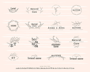 Set of logos with leaves. Template for the design of business cards, posters, banners, stamps and labels for florists, organic products, artists.