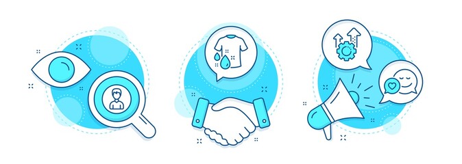 Wash t-shirt, Dating and Seo gear line icons set. Handshake deal, research and promotion complex icons. Person sign. Laundry shirt, Love messenger, Cogwheel. Edit profile. Business set. Vector
