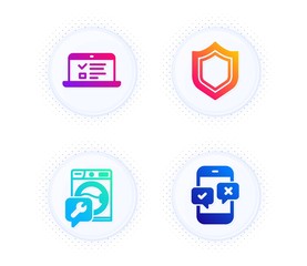 Web lectures, Security and Washing machine icons simple set. Button with halftone dots. Phone survey sign. Online test, Protection shield, Repair service. Mobile quiz test. Technology set. Vector