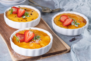 Creme brulee - traditional french vanilla cream dessert with caramelised sugar on top. Leite creme, portuguese desert