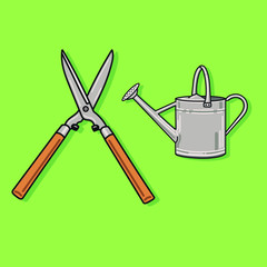 grass scissors and watering can gardening tool on green grass background graphic vector.