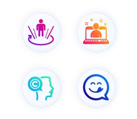 Writer, Best manager and Augmented reality icons simple set. Button with halftone dots. Yummy smile sign. Copyrighter, Best developer, Virtual reality. Emoticon. People set. Vector