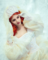 View from top portrait amazing cute slim young woman in chic fairy tale image in white puffy dress...
