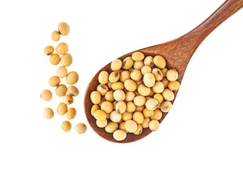 Organic raw soybeans in wooden spoon isolated on white background, top view.