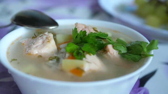 Parsley Leaves, Soup with Boiled Fish Slices and Spoon. Delicious homemade dish in white bowl with spices, ingredients and vegetables