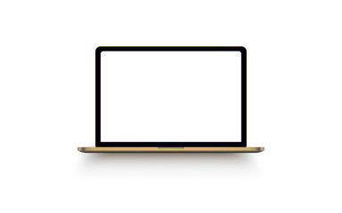 Gold laptop with blank computer screen on white background. Front view notebook mock up. The display is opened 90 degrees. Modern mobile device.