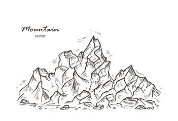 Naklejka premium Mountains sketch. Hand drawn Rocks vector illustration