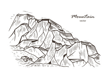 Mountains sketch. Hand drawn Rocks vector illustration