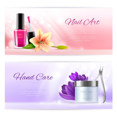 Horizontal beauty banners of pedicure and manicure salon elements with tender flowers. Colorful realistic vector illustration - obrazy, fototapety, plakaty