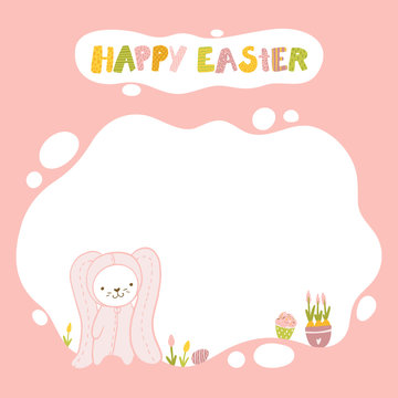 Easter bunny template for text or photo in simple colorful cartoon hand-drawn style. Vector baby stock illustration of a cute animal in a suit with Easter eggs, flowers on a pink background