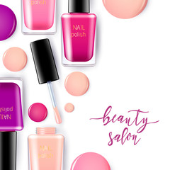 Vector illustrations of nail polish and brushes with drops of nail polish. Isolated realistic objects with colorful inscription on white background