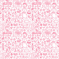 Bubble Gum Vector Seamless pattern. Hand Drawn Doodle Chewing Gums and Candy. Sweets Pink background