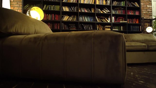 Minimalist modern living room with leather sofa and brick wall in loft style