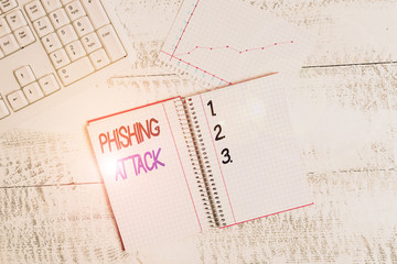 Text sign showing Phishing Attack. Business photo showcasing attempt to gain sensitive and confidential information Papercraft craft paper desk square spiral notebook office study supplies