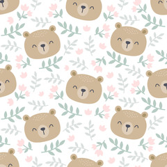 Cute bear and floral seamless pattern background