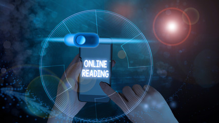 Writing note showing Online Reading. Business concept for process of extracting meaning is in a...