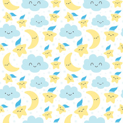 Moon stars and clouds seamless pattern background