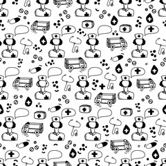 Medical seamless pattern. Children's freehand doodle pattern on the theme of health, healthy lifestyle, medicine, pediatrics. Vector outline