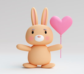 Cute cartoon bunny holding a balloon, valentines day. 3d illustration