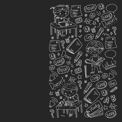 English school for children. Learn language. Education vector illustration. Kids drawing doodle style image.