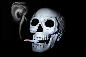 Human skull with a smoking cigarette in his mouth. Symbol of the dangers of smoking.