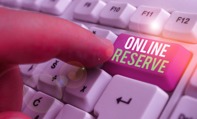 Conceptual hand writing showing Online Reserve. Concept meaning enables customers to check...