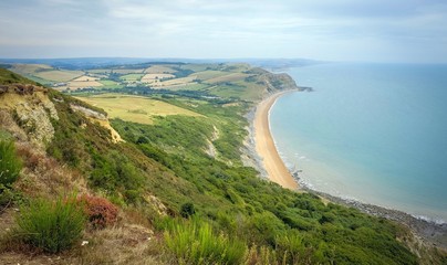 Green fields on a hill with the sea English Channel and English countryside in the background. Golden Cap on jurassic coast in Dorset, UK.