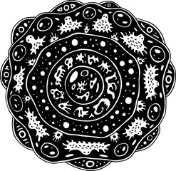 Surreal mandala with alien creatures and circles. Psychedelic coloring page for adults. Fantastic flower. Abstract art for relaxation. Weird ilustration. Vector artwork