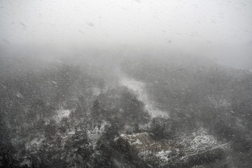 Snow storm in the forest over a destroyed wooden house, top view. Blizzard in the winter park